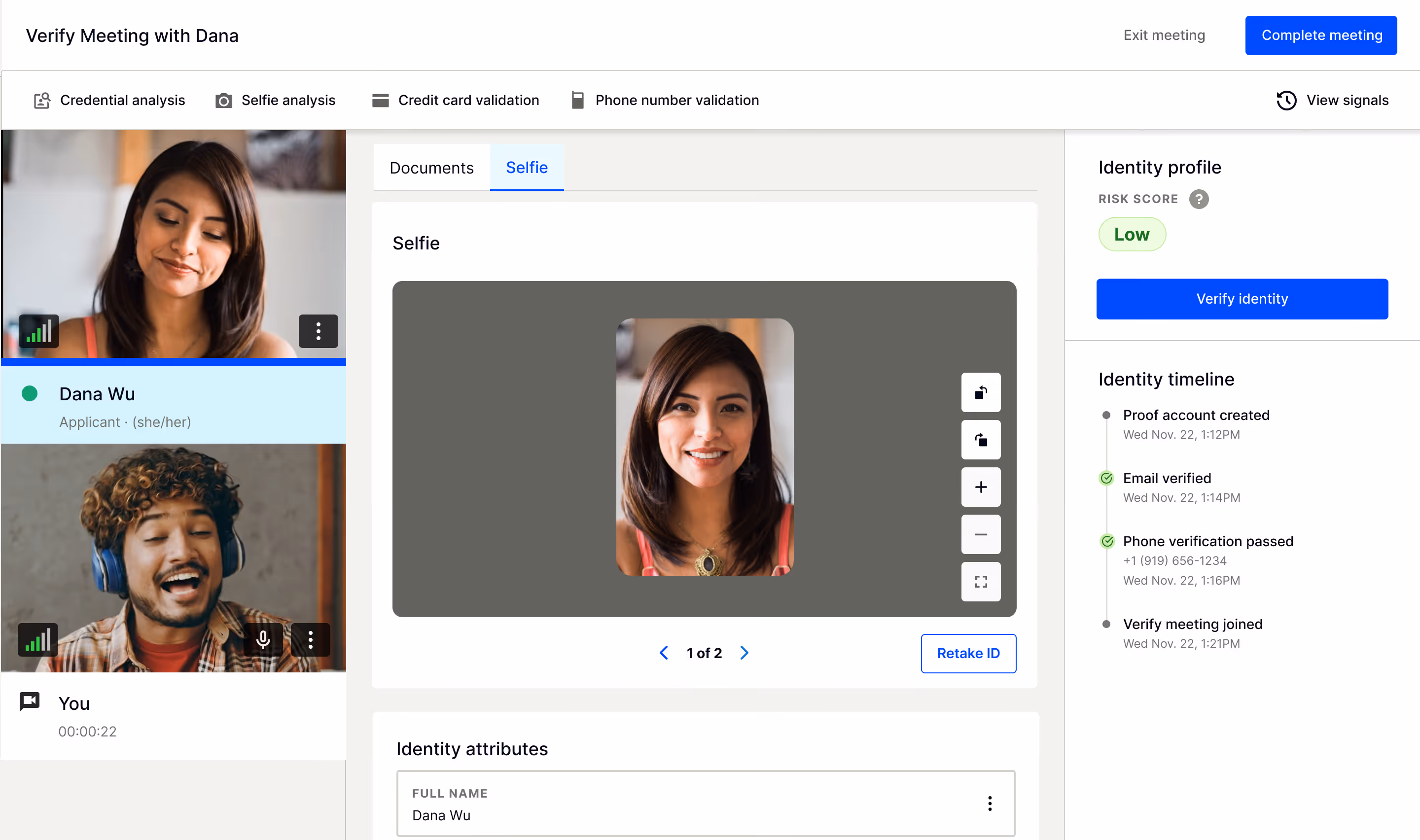 Selfie verified against the ID photo. Identity timeline shows every checkpoint passed. Risk score: Low.
